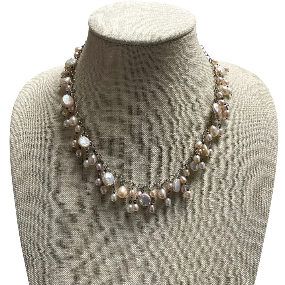 Vintage 925 Sterling Silver Freshwater Pearl Dangle Pearl Necklace